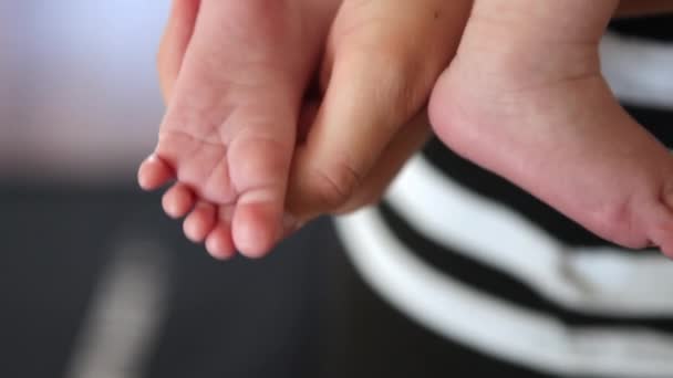 A close up shot of an young adult's hand holding two of a baby's feet. — Stock Video