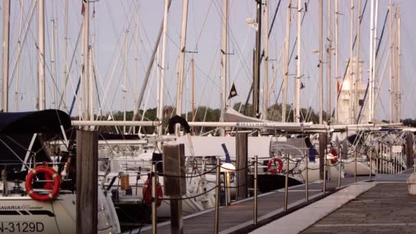 Dokkolt a kikötőben alkonyatkor vitorlások — Stock videók