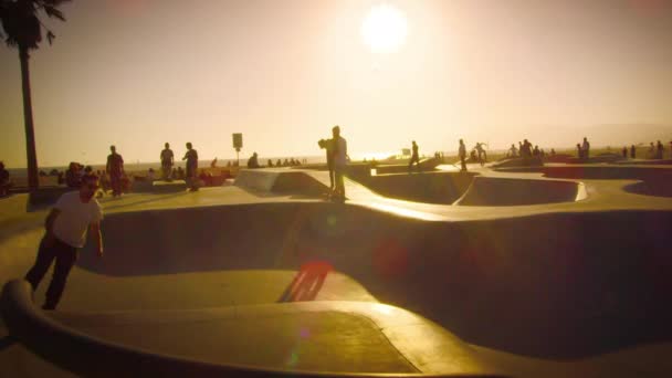 Slow-motion shot van een schaatser springen over een helling in Skatepark in de buurt van Venice Beach, Californië — Stockvideo