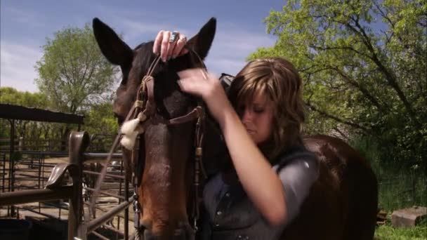 A slow motion shot of a woman adjusting a bridle. — Stock Video