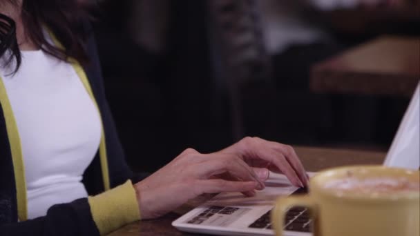 Nainen käyttää kannettavaa kahvilassa . — kuvapankkivideo