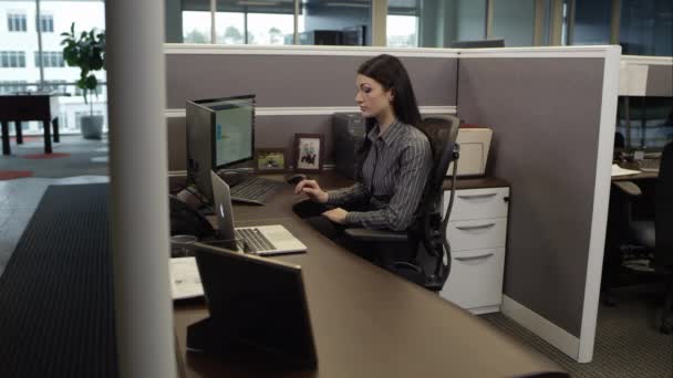 Γυναίκα στο θαλαμίσκο που εργάζονται στον υπολογιστή — Αρχείο Βίντεο