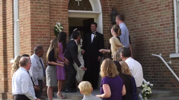 Guests throwing rice over a newlywed couple. — Stock Video