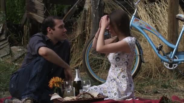 Birtoklás egy romantikus piknik együtt pár. — Stock videók