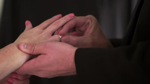 Bruden och brudgummen håller händerna framför på en predikant — Stockvideo