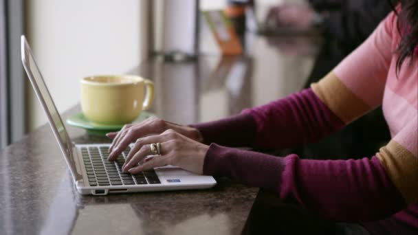 Kvinnans händer att skriva på laptop i kafé — Stockvideo