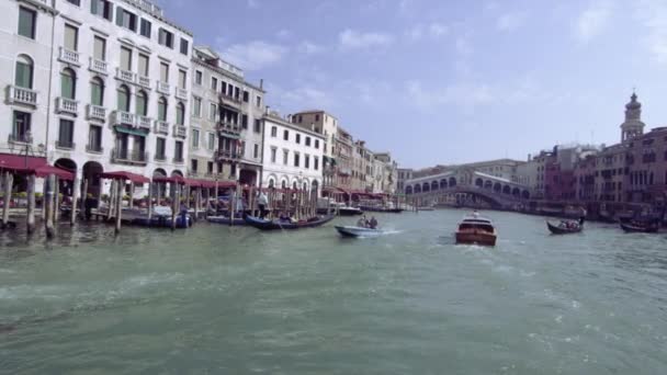 Affaires sur le Grand Canal avec le pont du Rialto en arrière-plan — Video