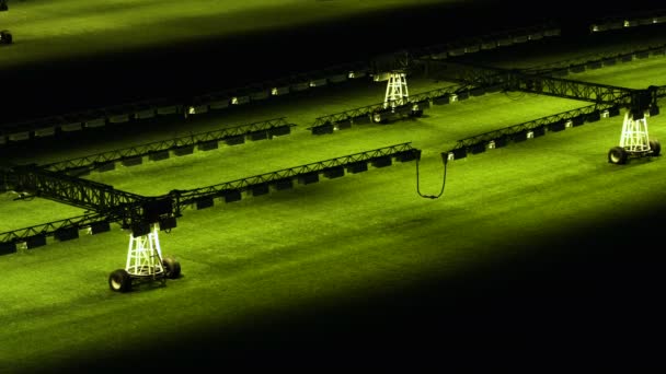 Light system for growing lawns at an empty football field. — Stock Video