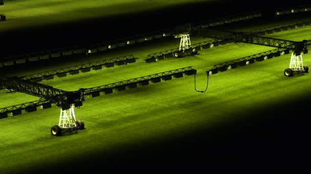 Sistema de cultivo de gramados em um campo de futebol vazio . — Vídeo de Stock