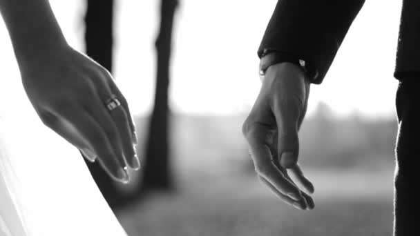 Παντρέψου μου σήμερα και κάθε μέρα. Νεόνυμφο ζευγάρι πιασμένοι χέρι χέρι, γυρίστηκε σε αργή κίνηση μαύρο και άσπρο — Αρχείο Βίντεο