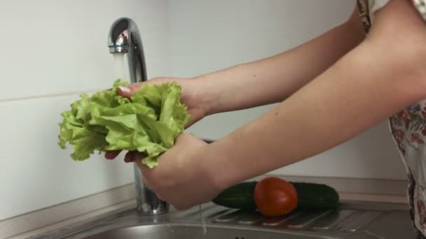Mujer lava hojas de lechuga y otras verduras en la cocina antes de cocinar . — Vídeos de Stock