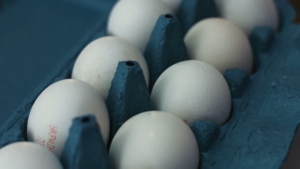 Дюжини білих яєць лежать у синій картонній коробці і кружляють навколо — стокове відео