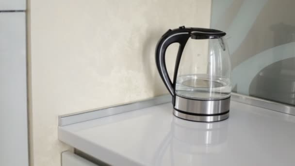 Närbild på kvinna slår på moderna glas vattenkokare på köket. — Stockvideo