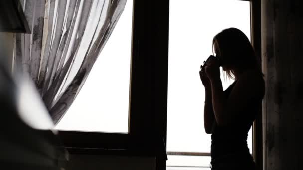 Atractiva jovencita descansando y bebiendo una taza de té o café frente a la ventana en casa . — Vídeos de Stock