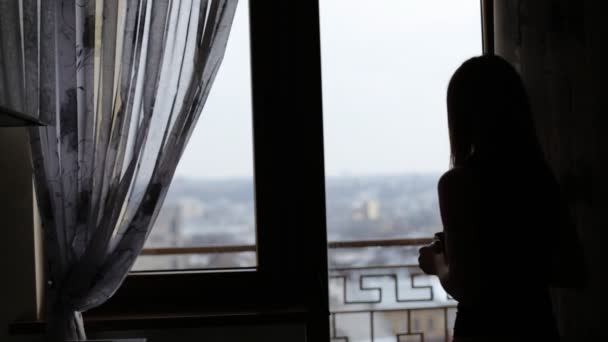 Atractiva jovencita descansando y bebiendo una taza de té o café frente a la ventana en casa . — Vídeos de Stock