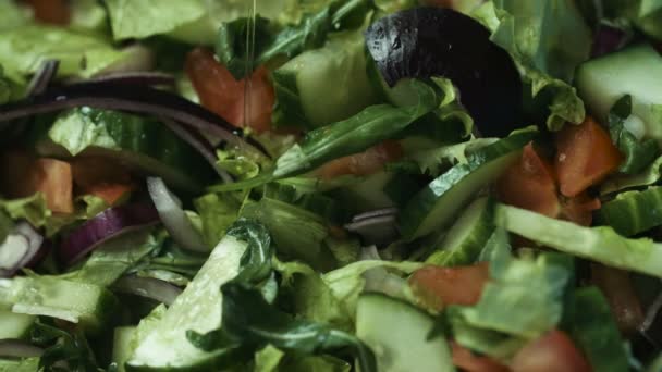 Mains de femme au foyer aromatisant délicieuse salade de légumes à l'huile d'olive italienne dans un bol . — Video