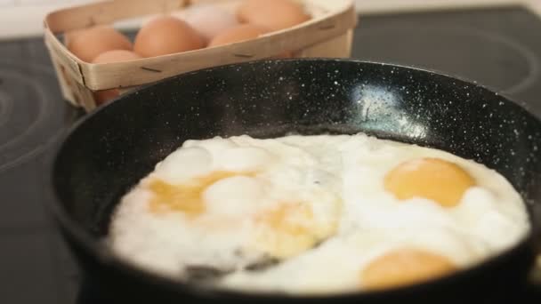 Commun pour une préparation de petit déjeuner d'œufs frits sur une poêle en fonte . — Video