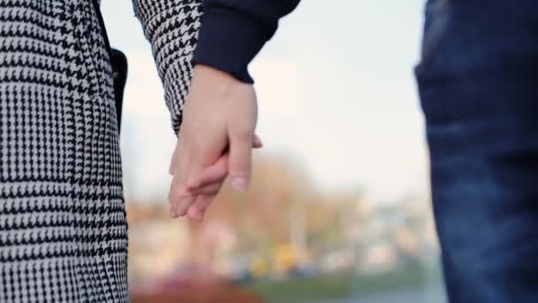 Two lovers wearing casual style holding hands on the street, close up. — Stock Video