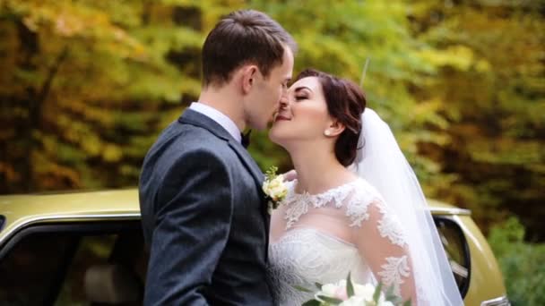 Hermosa pareja de recién casados besándose delante de un coche verde retro en el parque . — Vídeo de stock