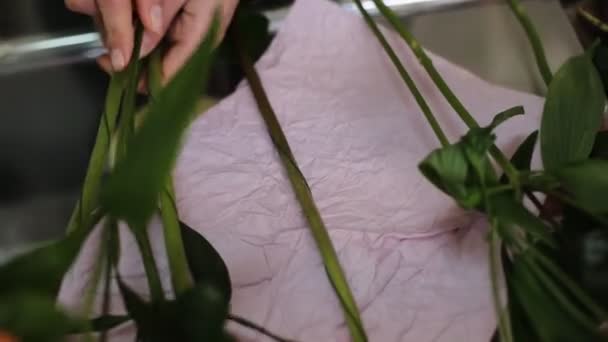Närbild på florist händer arbetar med bukett dekoration. — Stockvideo