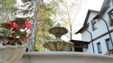 Küçük arka bahçe Çeşmesi dekore edilmiş lüks restaurante, açık hava teras yakın bir bahçede kırmızı çiçekli yakın çekim