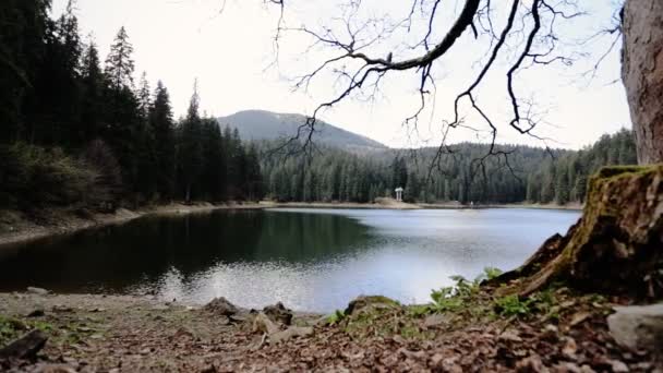 Costa rochosa de lago azul claro profundo no sopé das montanhas — Vídeo de Stock