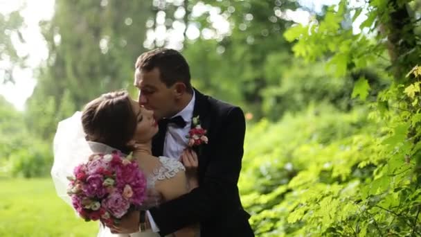 Novio feliz está besando a su hermosa novia con hermoso vestido de novia y velo en su mejilla en el día de lluvia — Vídeo de stock