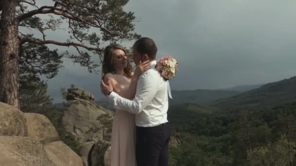 Felices recién casados en las montañas. — Vídeo de stock