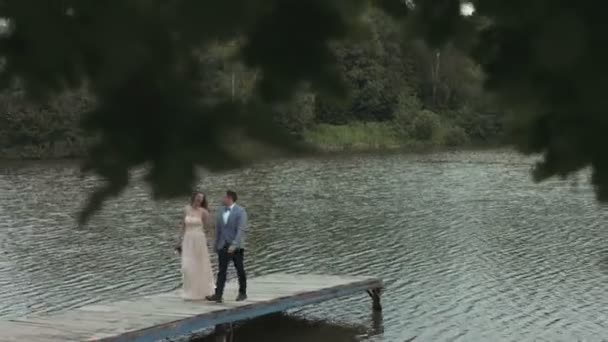 Liebendes Hochzeitspaar steht und küsst sich am Wasser. — Stockvideo