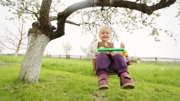 Маленька смішна дитина гойдається на дошці . — стокове відео