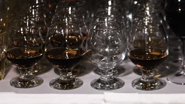 Glasögon med konjak eller brandy. Alkohol dryck bakgrund — Stockvideo