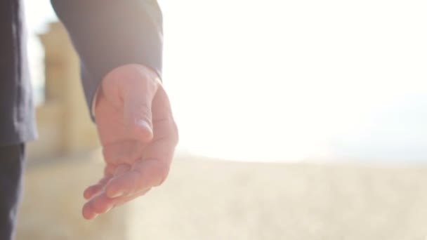 Matrimonio coppia tenendo le mani sul tramonto sfondo girato — Video Stock