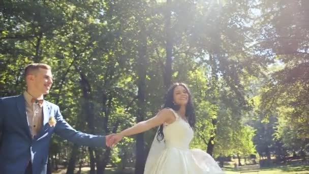 Novia feliz caminando sosteniendo un vestido en un brazo y novios mano en otra, al aire libre — Vídeos de Stock