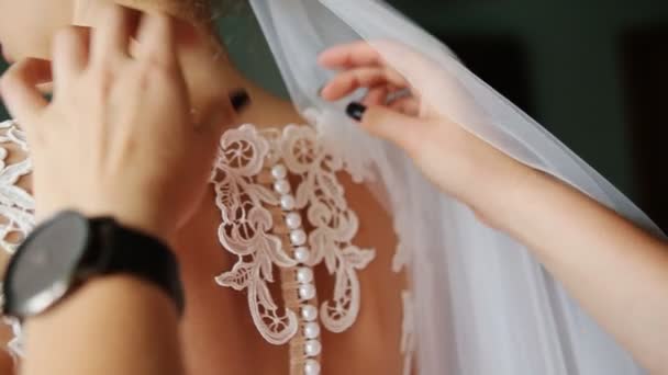 As the bride prepares for her wedding day, the maids button pearls and lace up the back of her gown — Stock Video