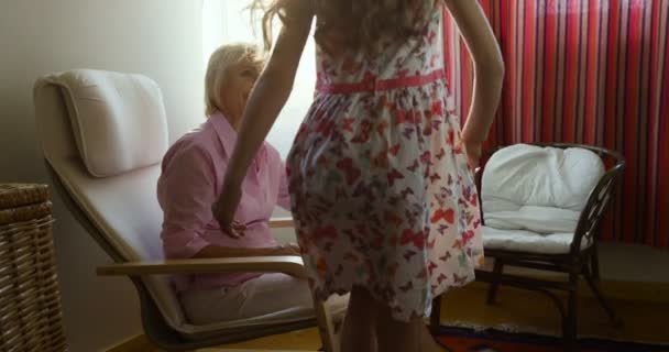 Glückliche Seniorin umarmt ihr schönes Enkelkind - zu Hause im Wohnzimmer — Stockvideo