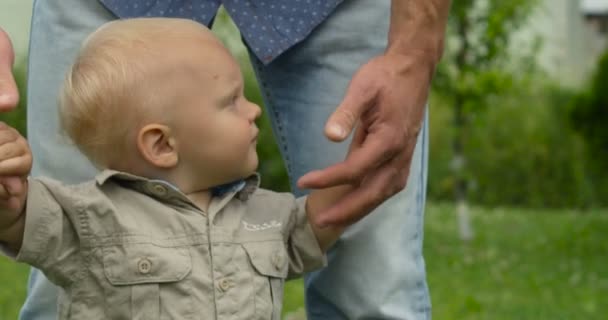 Vorsichtiger Vater hält Händchen für seinen niedlichen Sohn, der erste Schritte in der Natur macht — Stockvideo