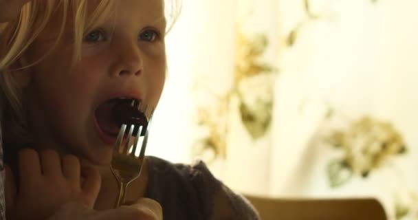 Батько годує маленьку дівчинку органічною здоровою їжею, портрет в приміщенні — стокове відео