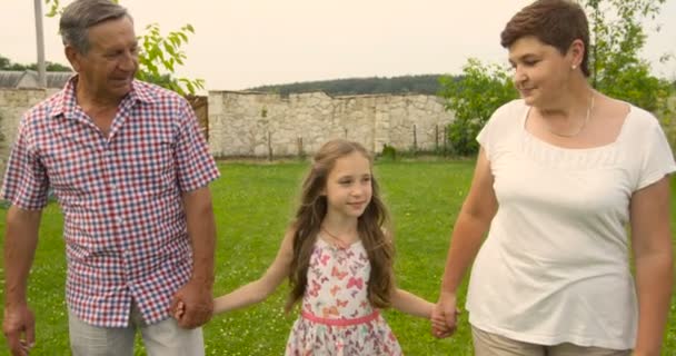 Grandparents walking with grandchildren in garden at sunny day — Stock Video