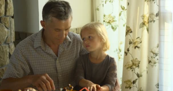 Senior mannen utfodring förtjusande baby flicka sitter i matsalen. Far-och morföräldrar och barnbarn livsstilskoncept. — Stockvideo