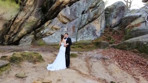 Hermosa fabulosa novia feliz y elegante novio en el fondo de las impresionantes montañas soleadas — Vídeos de Stock