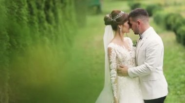 Mutlu yeni evli gelin ve damat öpüşme, onlar artık evliyiz fark. Açık yaz park ile arka plan olarak vurdu.