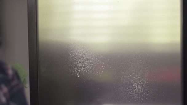 Μελαχρινή νεαρή γυναίκα καθαρισμού της ψυγείο από ανοξείδωτο χάλυβα με ένα πανί στο σπίτι — Αρχείο Βίντεο