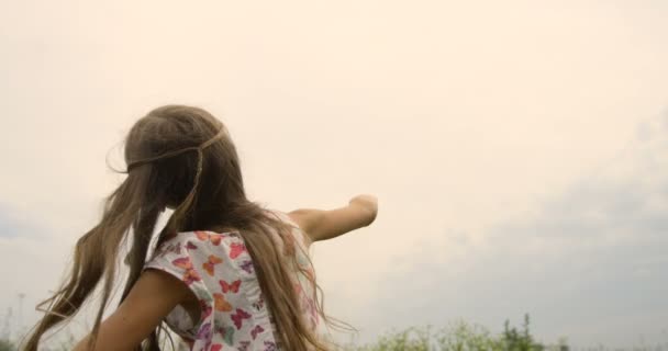 Portrait d'une petite fille filant dans un champ à la lumière du coucher du soleil, style de vie. Belle blonde jouissant de la nature — Video