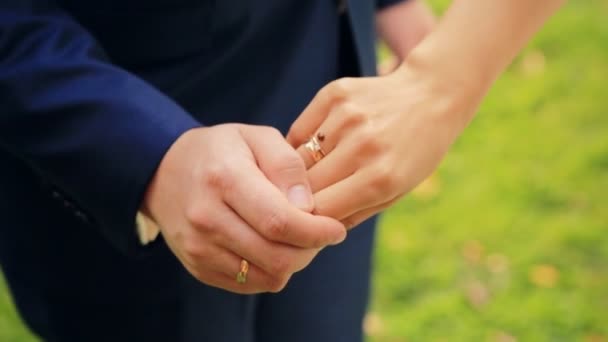Biedronka na rękach ślub strzał w zwolnionym tempie bliska — Wideo stockowe