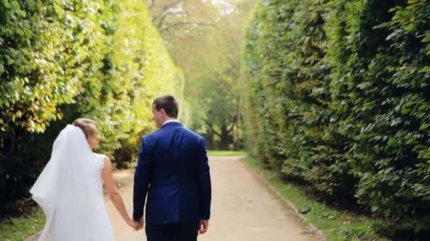 Romantyczny ślub koncepcja Panna Młoda Holding ręka chodzenie strzał w zwolnionym tempie bliska — Wideo stockowe
