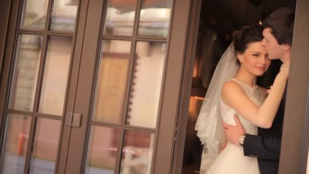 Wedding Day Young Bride And Groom Looking At Each Other With Love shot in slow motion  close up shot in slow motion  close up — Stock Video