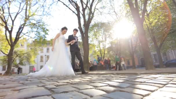 Gelin ve Damat Yürüyüş yavaş çekim yakın çekim — Stok video