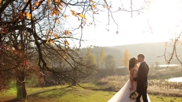 Hermosa novia feliz con estilo elegante novio en el fondo de hermosos árboles en el parque de otoño tiro en cámara lenta de cerca — Vídeos de Stock