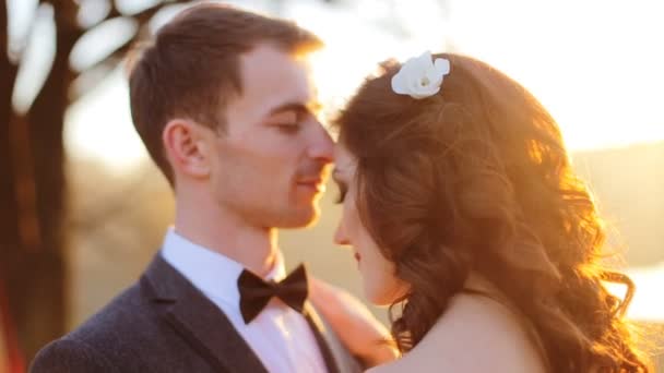 Baiser romantique la mariée et le marié. Les jeunes mariés s'embrassent. Un couple aimant se regarde doucement. Les amoureux embrassent et rêvent tourné au ralenti gros plan — Video