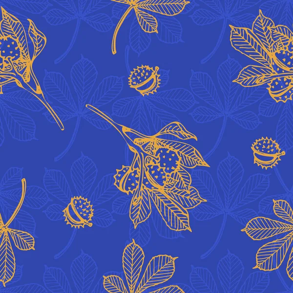 Ramas amarillas y hojas de castaño de Indias sobre fondo azul — Archivo Imágenes Vectoriales